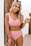 Pink Striped Print U Neck Mid Waist Bikini Swimsuit LC433015-10
