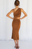 Brown Green/Brown Velvet One Shoulder Sleeveless Cut out Sheath Midi Dress LC618027-17