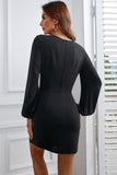 Black V Neck Cut-out Puff Long Sleeve Mini Dress LC229989-2