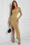 Apricot Scoop Neck Long Sleeve Rib Knit Maxi Dress with Split LC618018-18