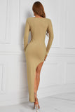 Apricot Scoop Neck Long Sleeve Rib Knit Maxi Dress with Split LC618018-18