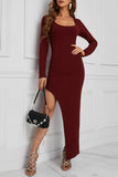 Red Scoop Neck Long Sleeve Rib Knit Maxi Dress with Split LC618018-3