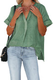 Green White/Black/Navy/Green/Gray Plaid Print Loose V Neck Short Sleeve Shirt with Slits Striped Print Loose V Neck Short Sleeve Shirt with Slits LC25112064-9