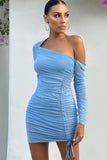 Sky Blue Sexy mesh pleated dress LC2211196-4