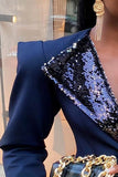 Blue Women's Wide Shoulder Sequin Lapel Fashion Suit