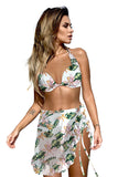 White 1/22Floral Print Halter Backless Bikini Swimsuit with Sarong 2Solid Halter Backless Bikini Swimsuit with Sarong LC413671-1