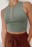 Green Solid Color Buttons Ribbed Cropped Tank Top LC2565100-9