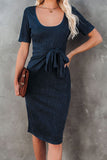 Blue Black/Blue/Navy Blue/Gray Tie Front Knit Midi Dress LC618684-5