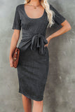 Gray Black/Blue/Navy Blue/Gray Tie Front Knit Midi Dress LC618684-11