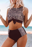 Brown Floral/Leopard Patchwork Tie Knot High Waist Bikini Swimsuit LC433008-17