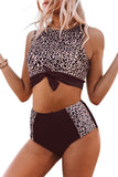 Brown Floral/Leopard Patchwork Tie Knot High Waist Bikini Swimsuit LC433008-17