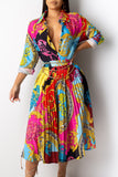 Women's Split Neck Floral Pleated Mid-Calf Dress Rolled Sleeve Midi Dress