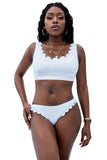 White White/Black/Blue/Yellow Scalloped Low Neck Ribbed Bikini Set LC43344-1