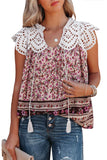Apricot Black/Apricot Floral Printed Eyelet Tassel Top LC2564981-18