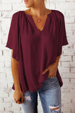 Red Split Neck Pleated Loose Blouse LC25112686-3