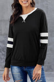 Black Women's Winter Loose Casual Long Sleeve Tunics Round Neck Stitching Stripes Pullover LC252721-2