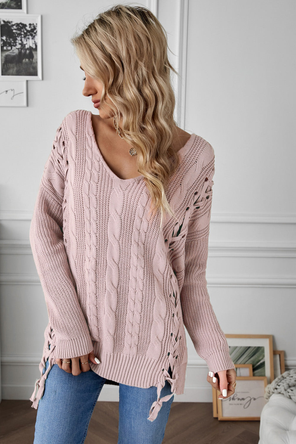 Pink Women's Winter Casual Long Sleeve Solid Color Tie bow V Neck Cable Knit Sweater Drop Shoulder Tops LC27994-10