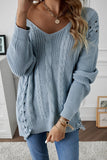 Sky Blue Women's Winter Casual Long Sleeve Solid Color Tie bow V Neck Cable Knit Sweater Drop Shoulder Tops LC27994-4