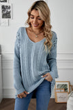 Sky Blue Women's Winter Casual Long Sleeve Solid Color Tie bow V Neck Cable Knit Sweater Drop Shoulder Tops LC27994-4