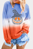 Sky Blue Women's Fashion Casual Color Block Drop Shoulder Pullover Halloween Pumpkin Print Sweatshirt  LC252815-104