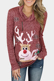 Cowl Neck Zipped Pullover Christmas Reindeer Snow Print Sweatshirt