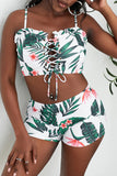 Green Tropical Print Lace-up Ruffled Spaghetti Strap Bikini Set LC432038-9