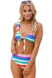 Multicolor Purple Gradient Color Knotted V Neck Bikini Swimsuit Multicolor Striped Print Knotted V Neck Bikini Swimsuit LC433012-22
