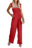 Red White/Black/Red/Blue/Apricot Flutter Sleeve Smocked Wide Leg Jumpsuit LC643773-3