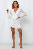 White White/Black/Orange/Apricot Wrap V Neck Lace Bubble Sleeve Mini Dress LC2211080-1
