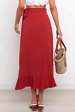Red Red/Green/Orange/Apricot Ruffled Wrap Lace-up High Waist Maxi Skirt LC651147-3