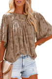 Brown White/Black/Blue/Purple/Yellow/Brown Floral Textured Ruffled Half Sleeve Babydoll Top LC25112100-17