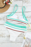 Green White/Black/Blue/Green Striped Print Hollow-out Spaghetti Strap Bikini Swimsuit LC43740-9