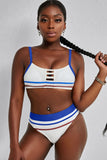 Blue White/Black/Blue/Green Striped Print Hollow-out Spaghetti Strap Bikini Swimsuit LC43740-5