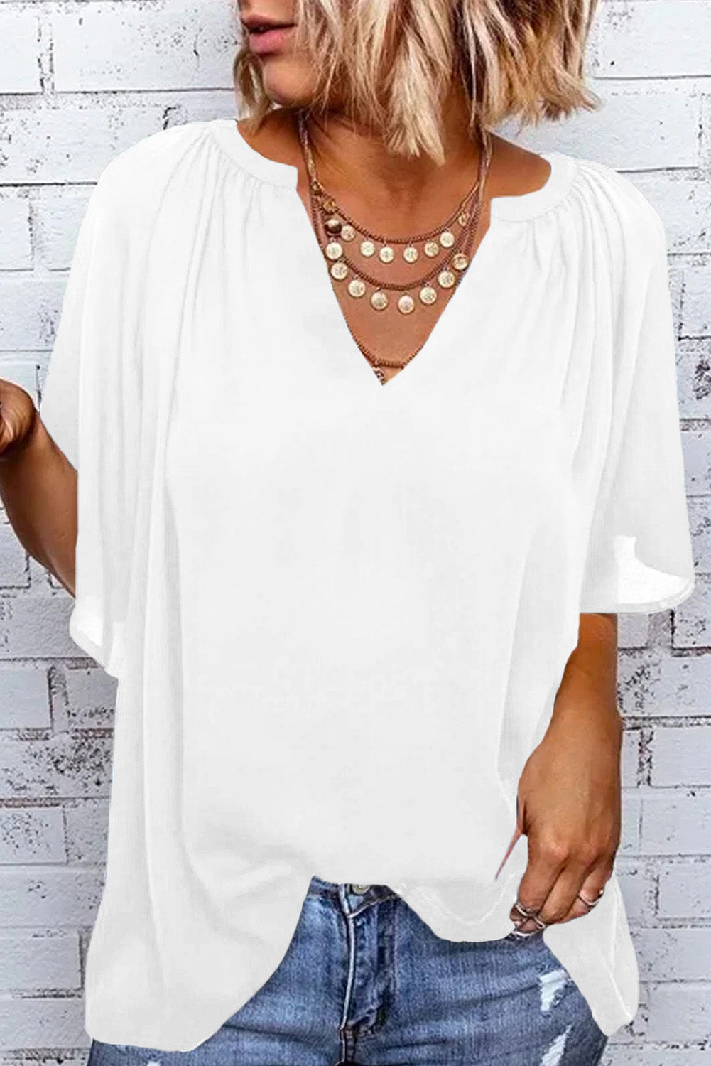 White Split Neck Pleated Loose Blouse LC25112686-1