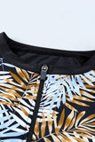 Yellow Red/Sky Blue/Brown Leaves Print Zip-up Long Sleeve Surf Rash Guard Swimwear LC481079-7