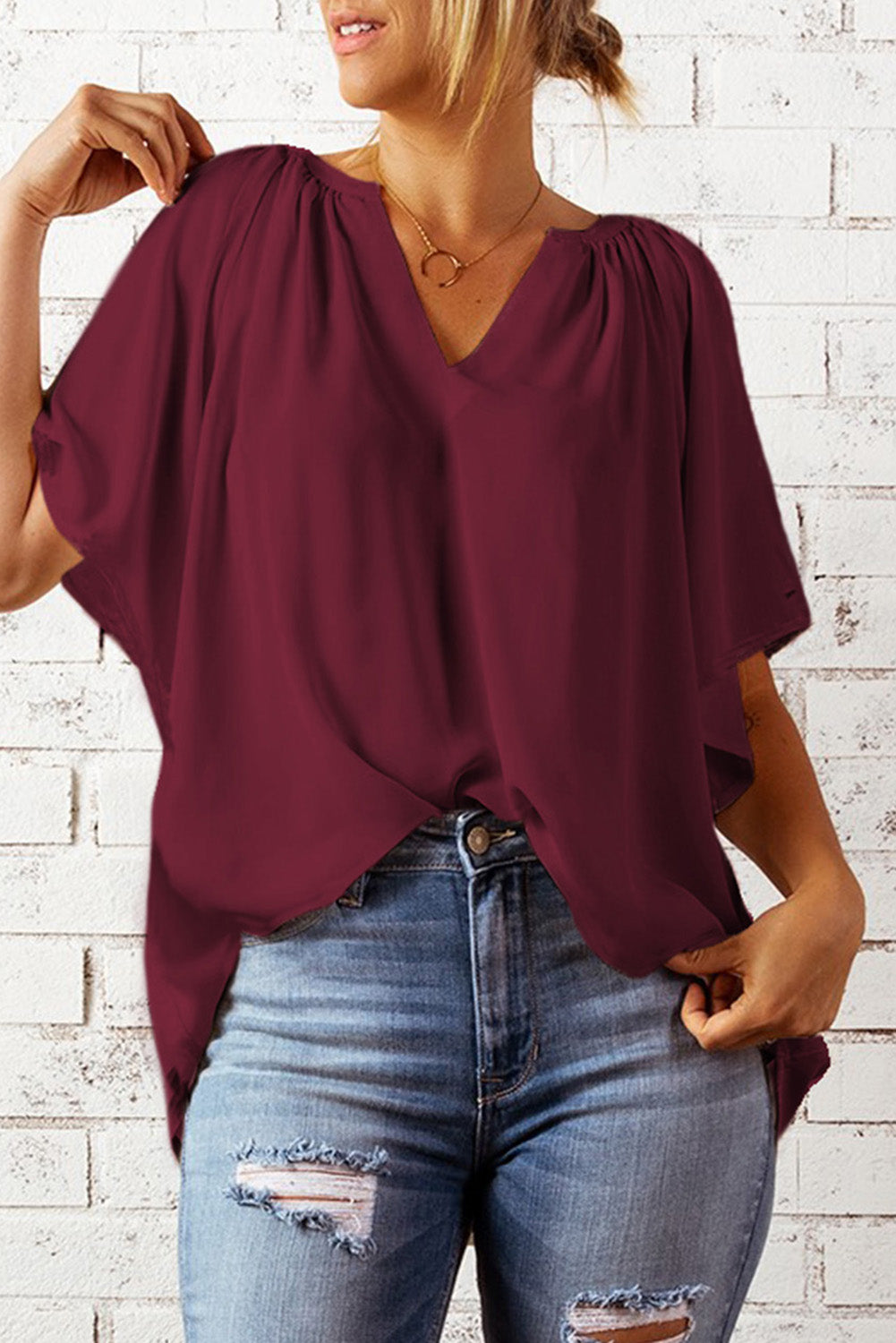 Red Split Neck Pleated Loose Blouse LC25112686-3