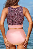 Pink Floral/Leopard Patchwork Tie Knot High Waist Bikini Swimsuit LC433008-10