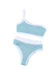Sky Blue One Shoulder Patchwork High-waisted Bikini Set LC433024-4