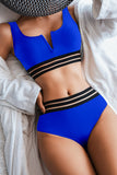 Sky Blue Mesh Trim High Waisted Bikini Swimsuit LC433121-4