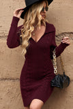 Red Wine Red/Blue/Apricot Turn-down Neck Cable Knit Long Sleeve Sweater Dress LC2721514-3