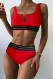 Red Mesh Trim High Waisted Bikini Swimsuit LC433121-3