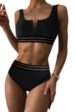 Black Mesh Trim High Waisted Bikini Swimsuit LC433121-2