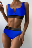 Sky Blue Mesh Trim High Waisted Bikini Swimsuit LC433121-4