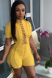 Yellow Solid Funnel Neck Lace Up Slim Fit Romper LC644100-7