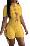 Yellow Solid Funnel Neck Lace Up Slim Fit Romper LC644100-7
