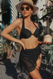 Black 1/22Floral Print Halter Backless Bikini Swimsuit with Sarong 2Solid Halter Backless Bikini Swimsuit with Sarong LC413671-2