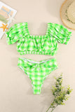 Green Gingham Crop Top Tie-up High Waisted Bikini Set LC433070-9