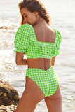 Green Gingham Crop Top Tie-up High Waisted Bikini Set LC433070-9