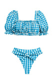 Sky Blue Gingham Crop Top Tie-up High Waisted Bikini Set LC433070-4
