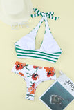 Green Striped and Floral Bikini Set LC433019-9